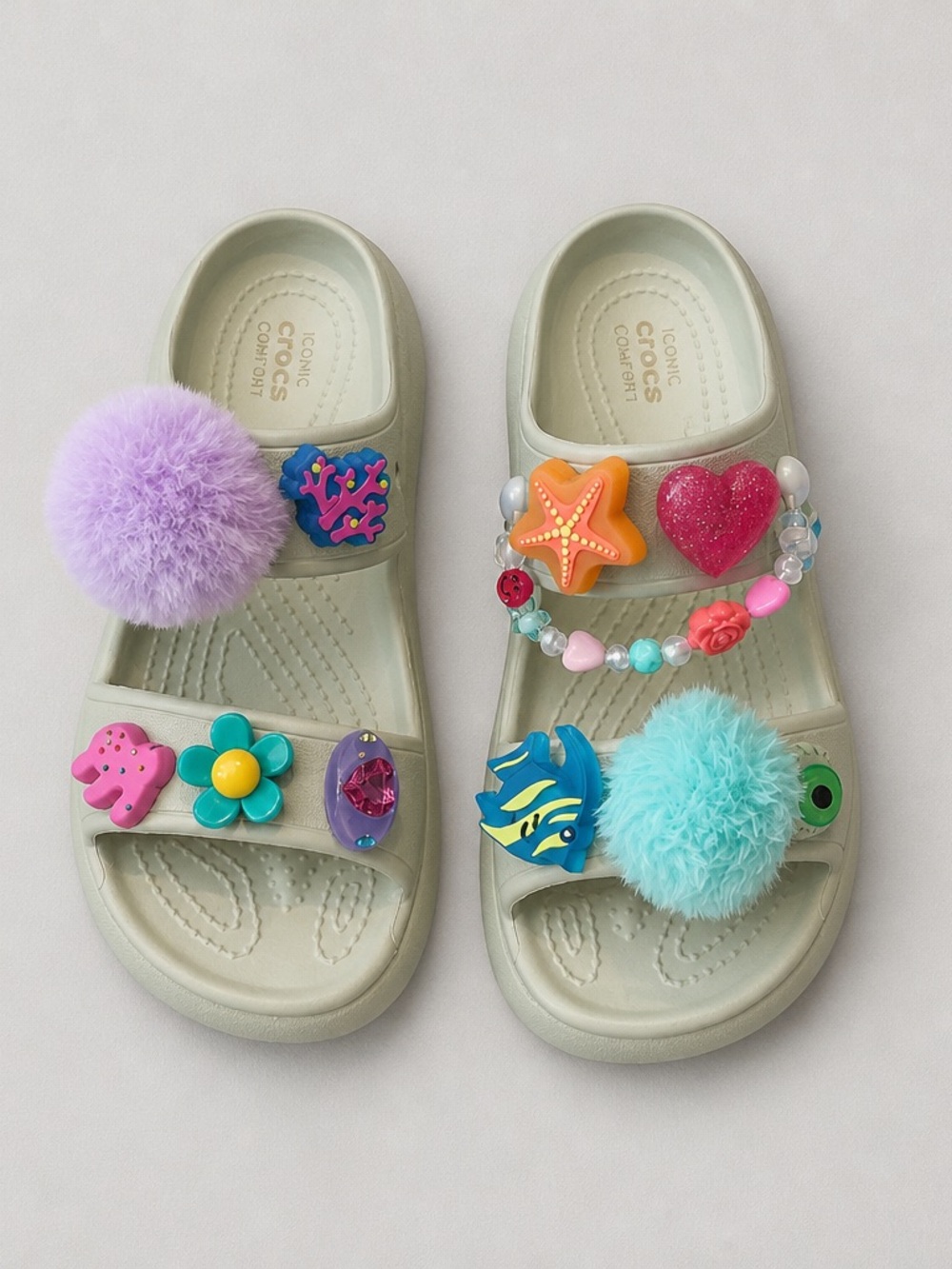 CROCS Light Beige Slide Sandals with Colorful Light-Up Charms and Pom-Poms
